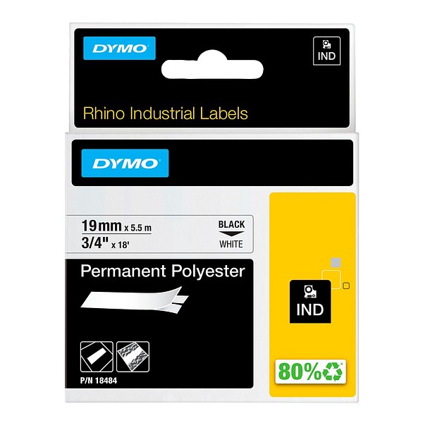 Dymo Rhino 18484 black/vit polyesteretikett 19mmx5,5m