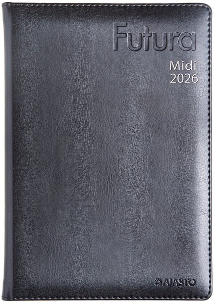 Pöytäkalenteri Futura Midi 2026 Musta, 148x210mm tekonahkakannet