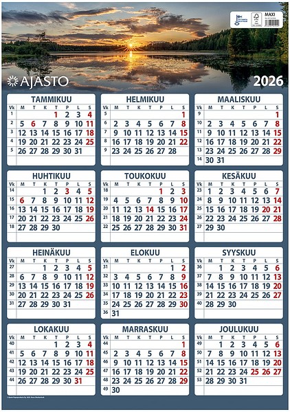 Seinäkalenteri Maxi 2026 520x740mm suuri vuositaulukko