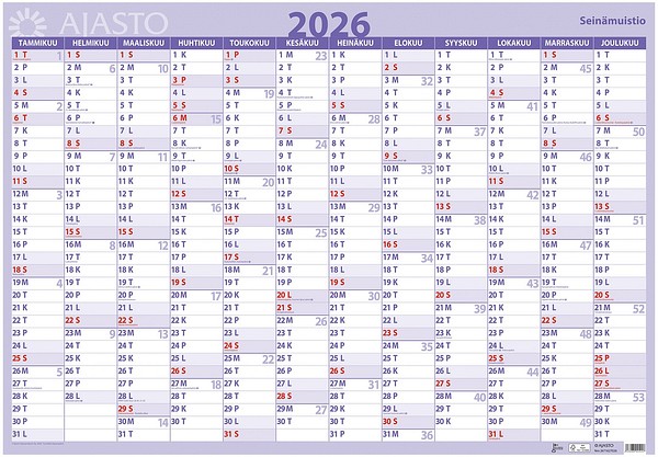 Seinäkalenteri Seinämuistio 2026 850x590mm iso suunnittelukalenteri
