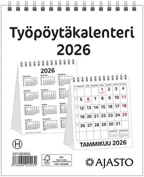 Työpöytäkalenteri 2026 145x175mm kierresidottu, pystymalli