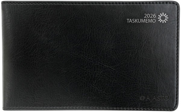 Taskukalenteri Taskumemo 2026 Musta, 148x90mm tekonahkakannet