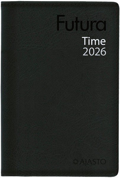Taskukalenteri Futura Time 2026 Musta, 82x128mm tekonahkakannet