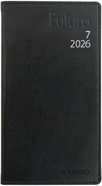 Taskukalenteri Futura 7, 2026 Musta, 85x162mm tekonahkakannet