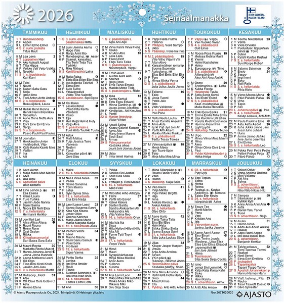 Wall calendar Wall almanac 2026 197x210mm FI+ SE hanging hole