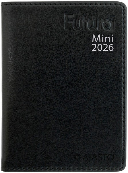 Taskukalenteri Futura Mini 2026 Musta, 72x102mm tekonahkakannet