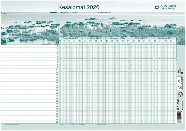 Quo Vadis lomakalenteri 2026-2027 420x297mm kesälomat ja talvilomat