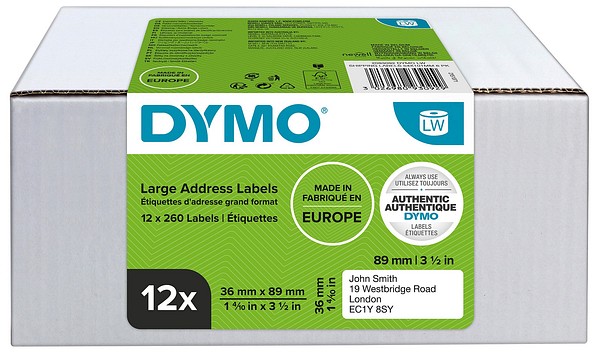 Dymo LW paper label 36mmx89mm 12roll/pkg 260pcs/roll white