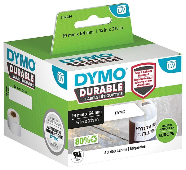 Dymo LW polypropenetikett 19mmx64mm 2rll/förp 450st/rll permanent lim