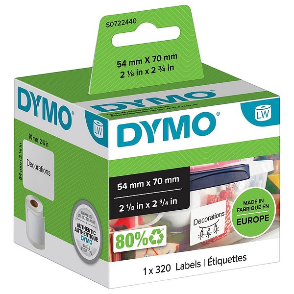 Dymo LW paperitarra 54mmx70mm 1rll/pak 320kpl/rll valkoinen