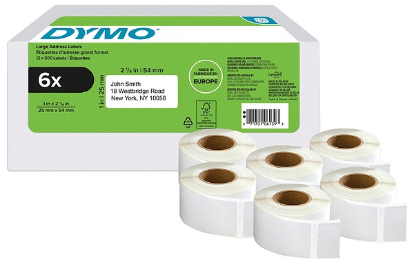 Dymo LW pappersetikett 25mmx54mm 6rll/förp 500st/rll vit