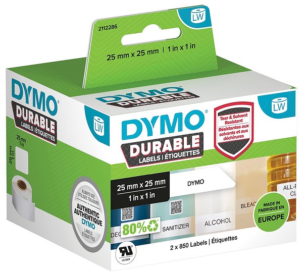 Dymo LW polypropenetikett 25mmx25mm 2rll/förp 850st/rll permanent lim