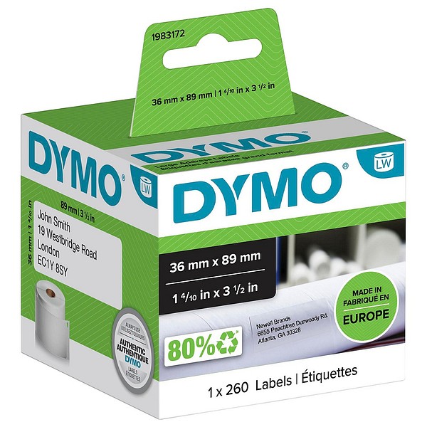 Dymo LW paper label 36mmx89mm 1roll/pkg 260pcs/roll white