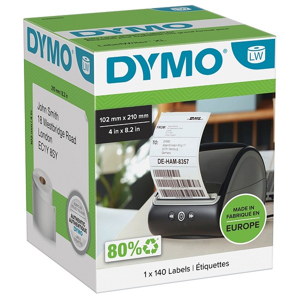 Dymo LW adressetikett 102mmx210mm 1rll/förp 140st/rll vit