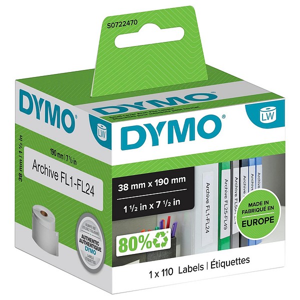 Dymo LW arkistointitarra 38mmx190mm 1rll/pak 110kpl/rll valkoinen