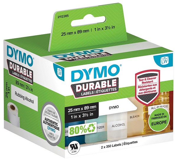 Dymo LW polypropenetikett 25mmx89mm 2rll/förp 350st/rll permanent lim