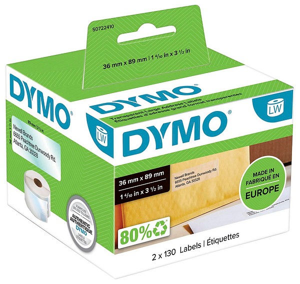 Dymo LW paper label 36mmx89mm 2roll/pkg 130pcs/roll clear label