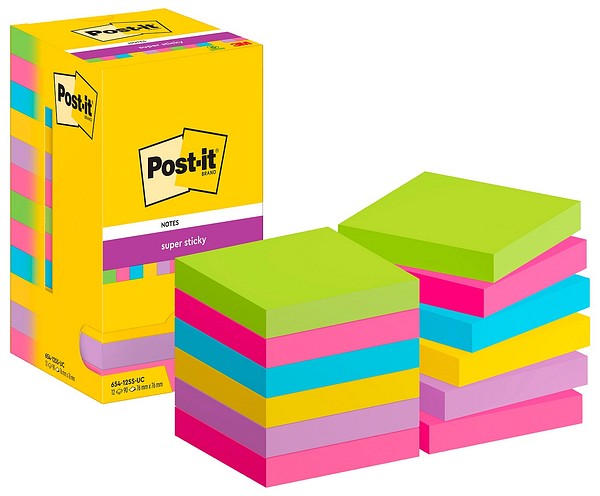 Post-it lapp 76 mm x 76 mm Super Sticky 90st/nyp, 12 nyp/förp