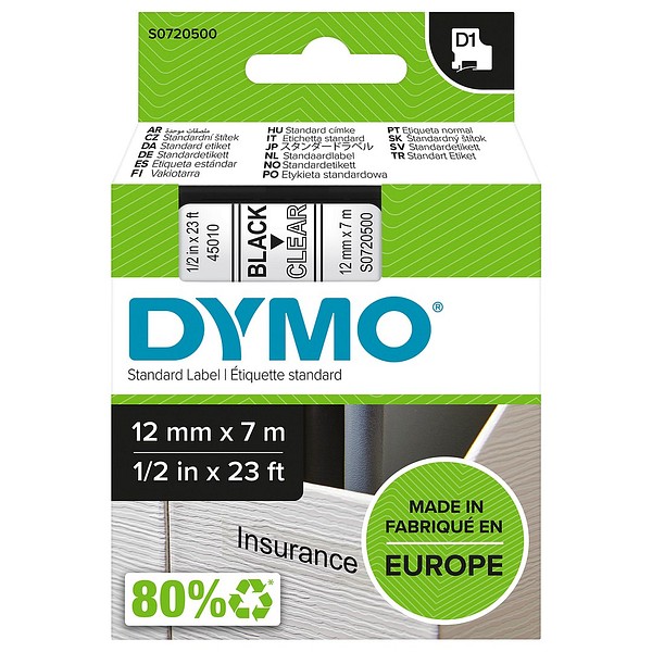 DYMO D1 12mmx7m svart/transparent S0720500 standardtejp