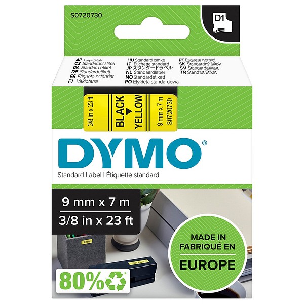 DYMO D1 9mmx7m svart/gul S0720730 standardtejp