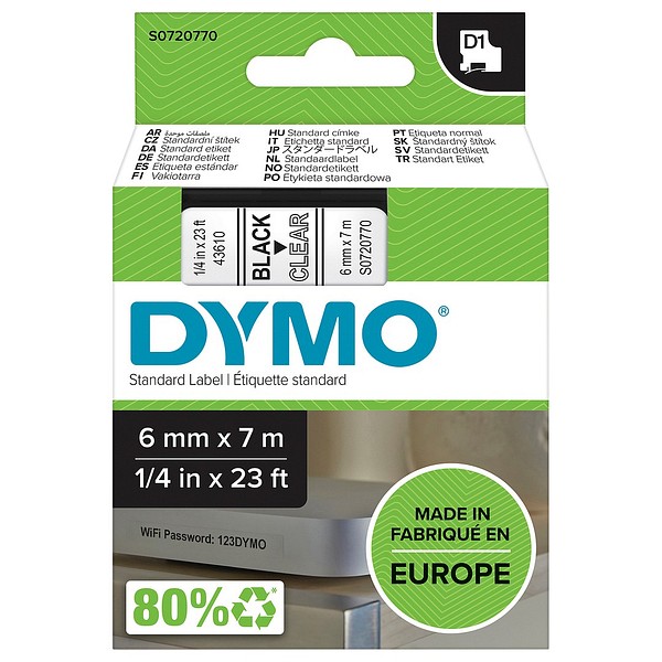 DYMO D1 6mmx7m svart/transparent S0720770 standardtejp
