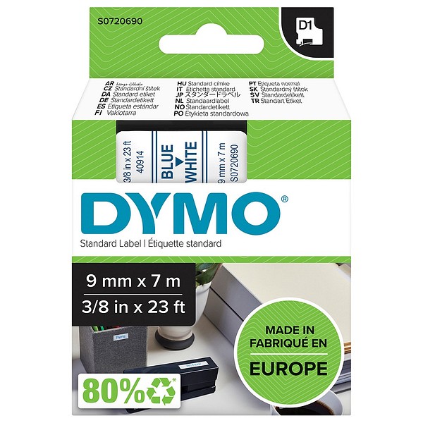 DYMO D1 9mmx7m blå/vit S0720690 standardtejp