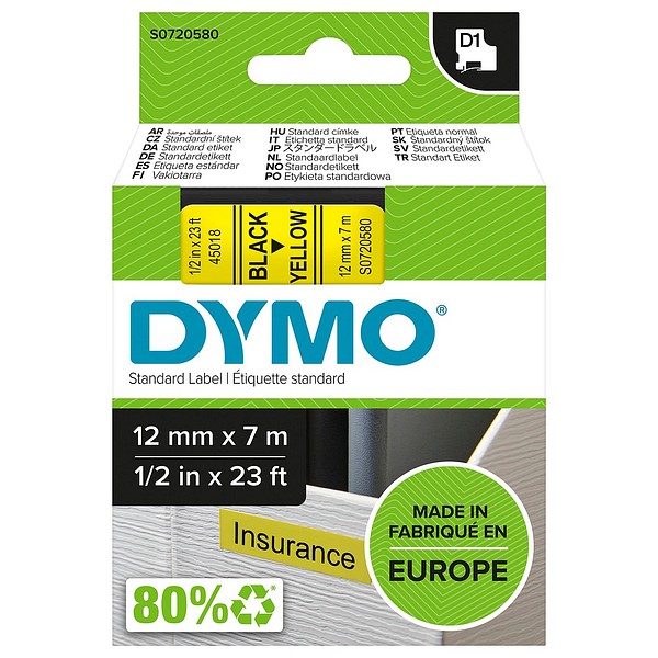 DYMO D1 12mmx7m svart/gul S0720580 standardtejp