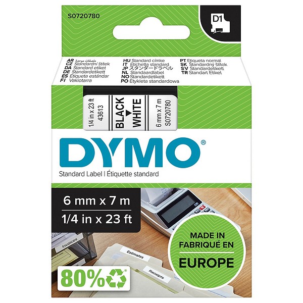 DYMO D1 6mmx7m svart/vit S0720780 standardtejp