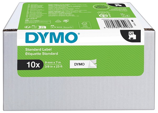 DYMO D1 9mmx7m svart/vit 2093096 10st sats av standardtejper