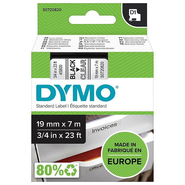 DYMO D1 19mmx7m svart/transparent S0720820 standardtejp