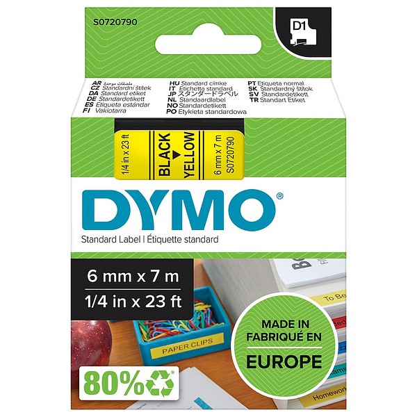 DYMO D1 6mmx7m svart/gul S0720790 standardtejp