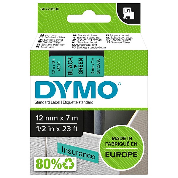 DYMO D1 12mmx7m svart/green S0720590 standardtejp