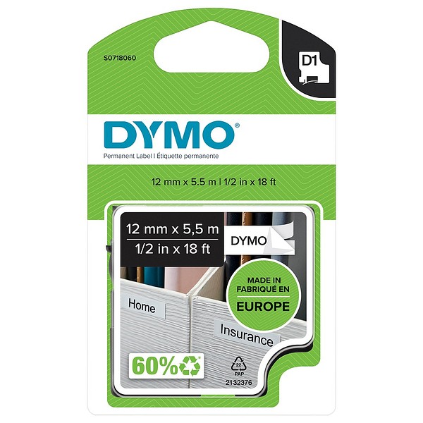 DYMO D1 Permanent 12mmx5,5m S0718060 svart/vit