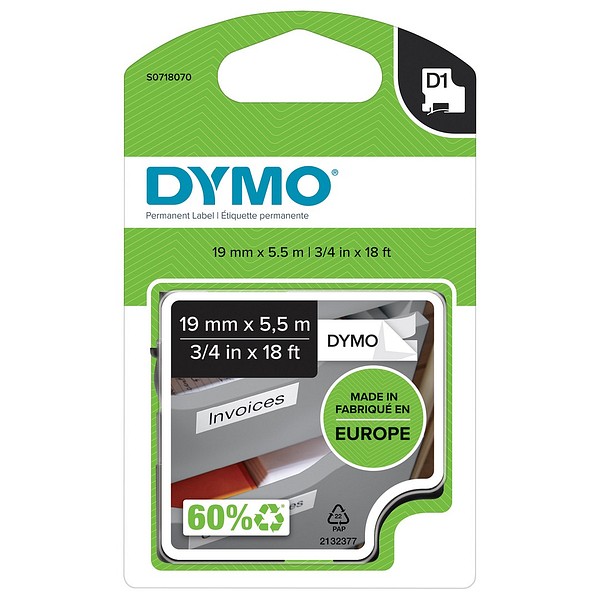 DYMO D1 Permanent 19mmx5,5m S0718070 musta/valkoinen