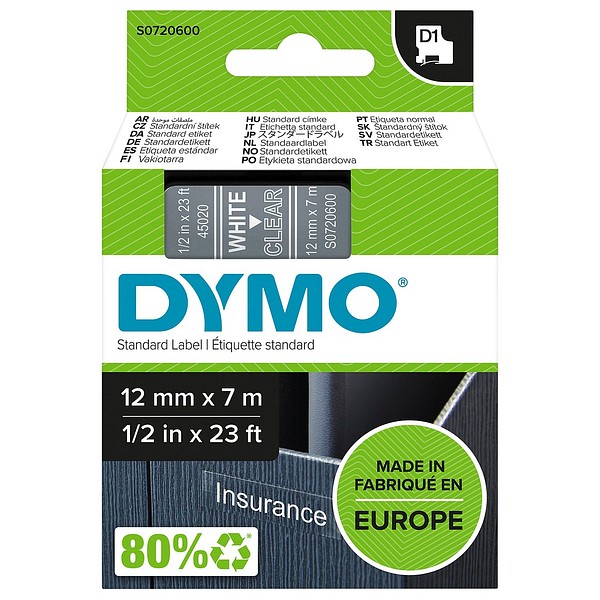 DYMO D1 12mmx7m vit/transparent S0720600 standardtejp