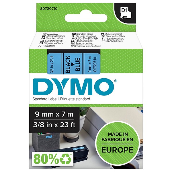 DYMO D1 9mmx7m svart/blå S0720710 standardtejp