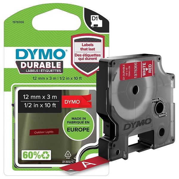 DYMO D1 Durable 12mmx3m 1978366 vit/röd