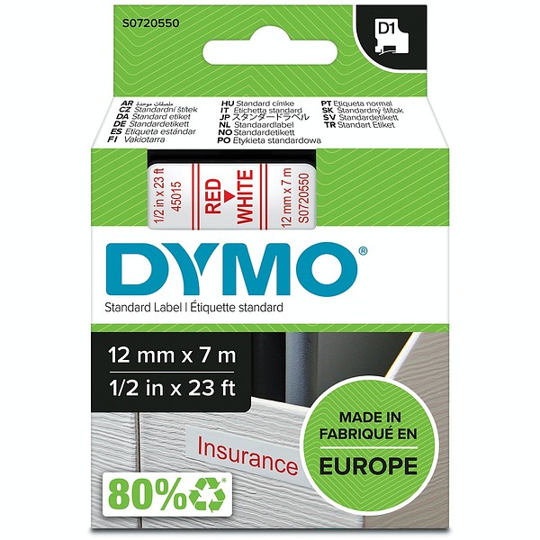 DYMO D1 12mmx7m röd/vit S0720550 standardtejp