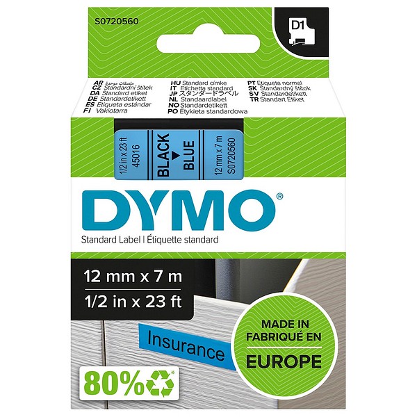 DYMO D1 12mmx7m svart/blå S0720560 standardtejp