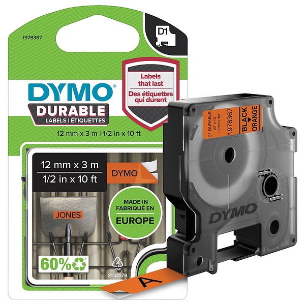 DYMO D1 Durable 12mmx3m 1978367 svart/orange