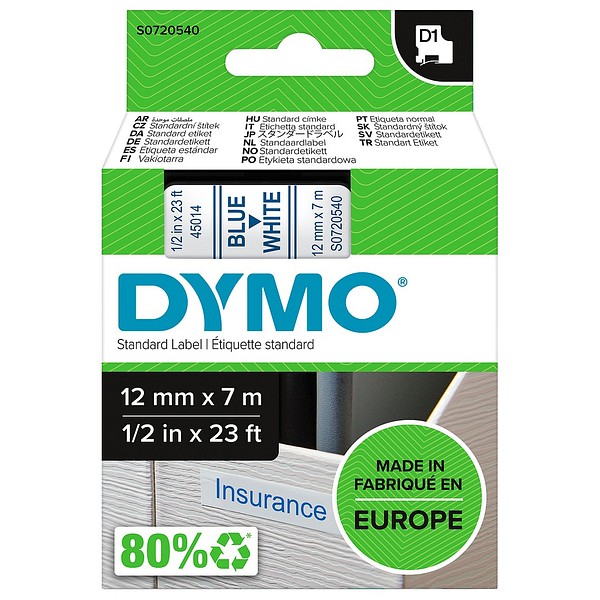 DYMO D1 12mmx7m blå/vit S0720540 standardtejp
