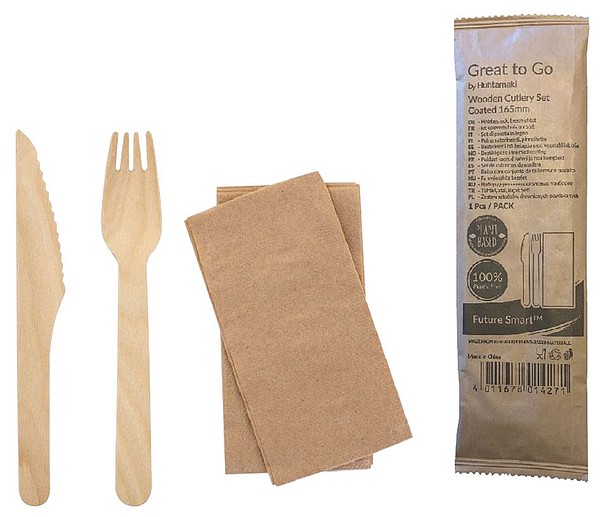 Träkniv & -gaffel och duk vaxad träbesticksats 250/st/förp
