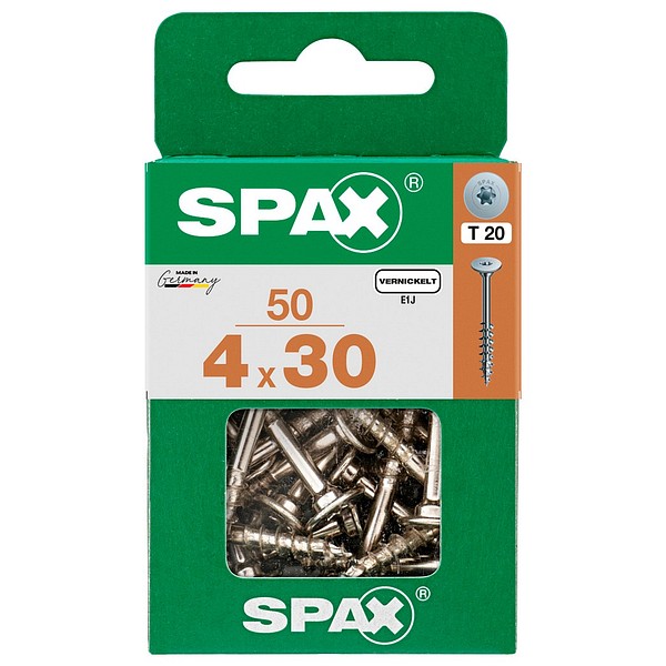 SPAX Kalusteruuvi niklattu  4,0x30 Leveätasakanta TX20 M 50 kpl/ltk