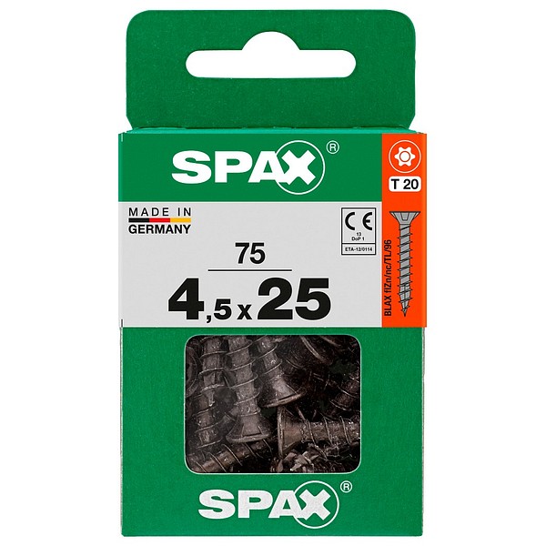 SPAX Försänkt BLAX TX20 4,5x25 Universal helgängad M 75 st/låda