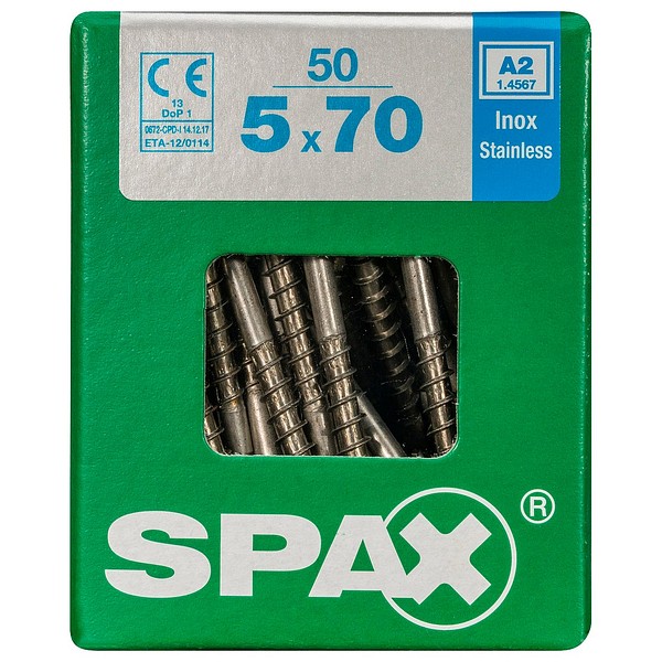 SPAX Countersunk A2 TX20 5,0x70 Universal part thread L 50 pcs/box