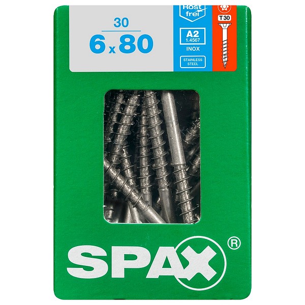 SPAX Countersunk A2 TX30 6,0x80 Universal part thread L 30 pcs/box