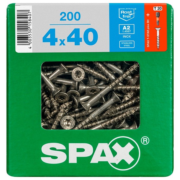 SPAX Countersunk A2 TX20 4,0x40 Universal par thread XL 200pcs/box